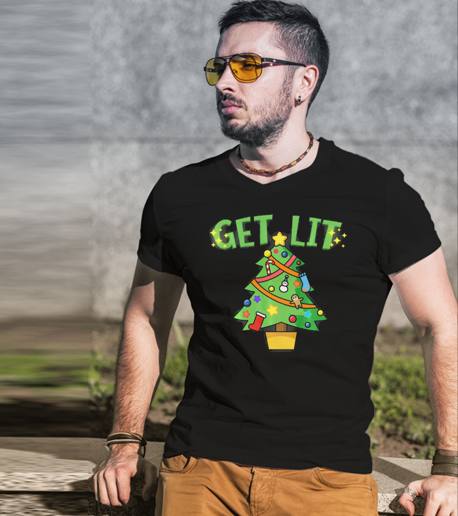 Get Lit Christmas Tree Festive Decorations Candles Stockings Ornaments Gingerbread Stars T-Shirt