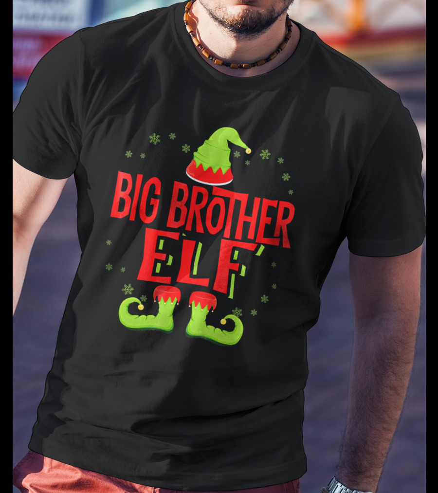 Big Brother Elf Christmas Outfit With Green Hat And Shoes T-Shirt
