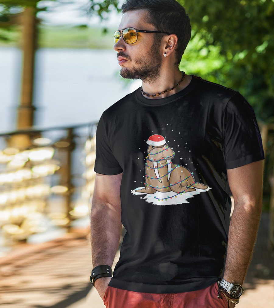 Walrus Wrapped In Christmas Lights With Santa Hat On Snow T-Shirt