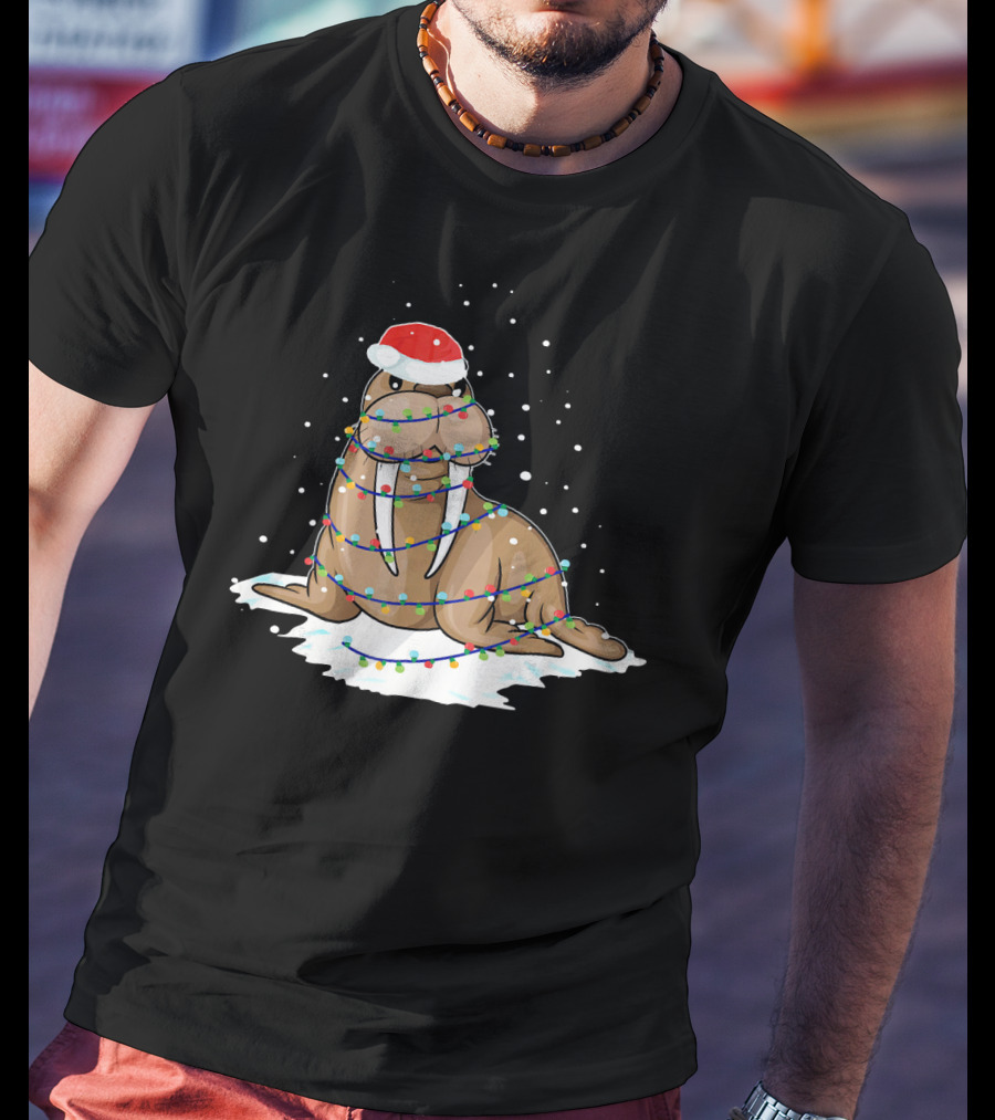 Walrus Wrapped In Christmas Lights With Santa Hat On Snow T-Shirt