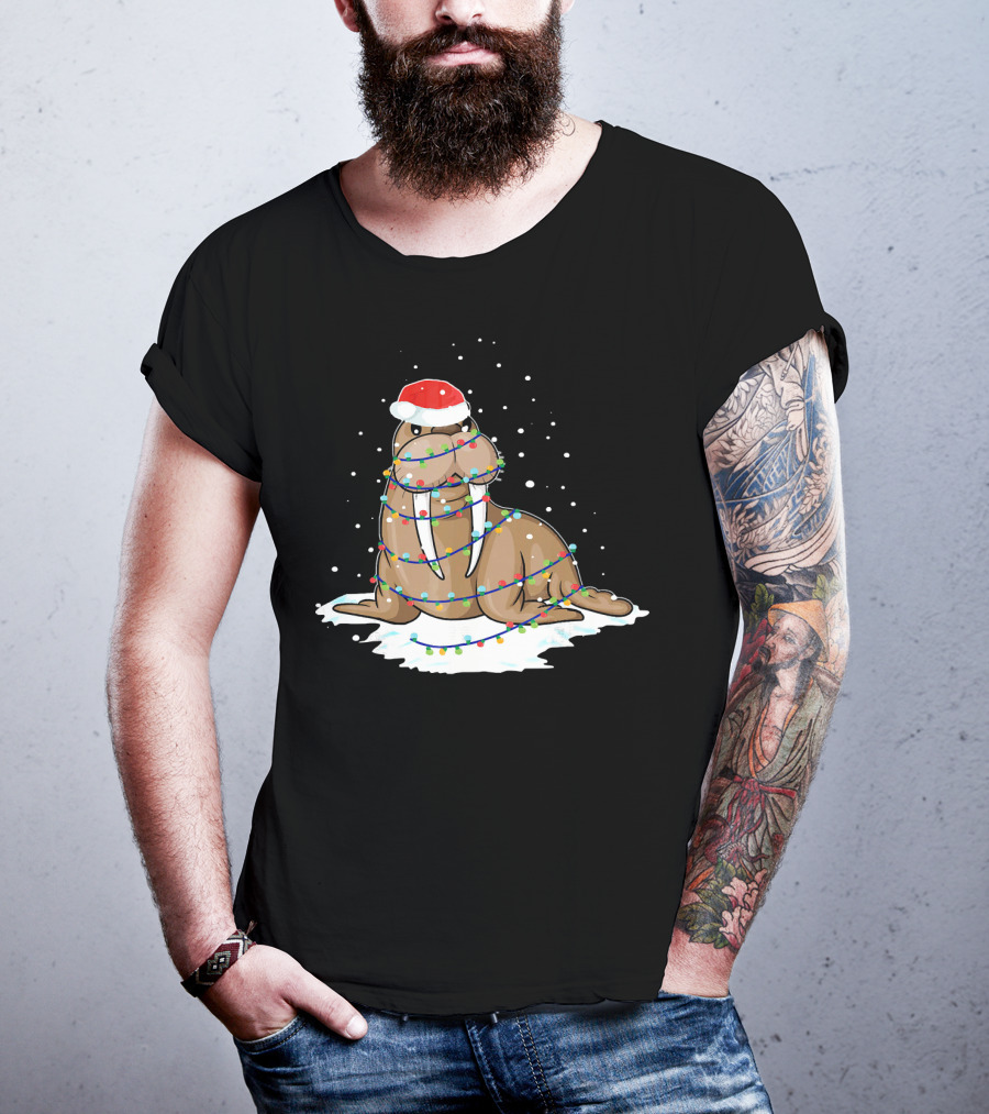 Walrus Wrapped In Christmas Lights With Santa Hat On Snow T-Shirt