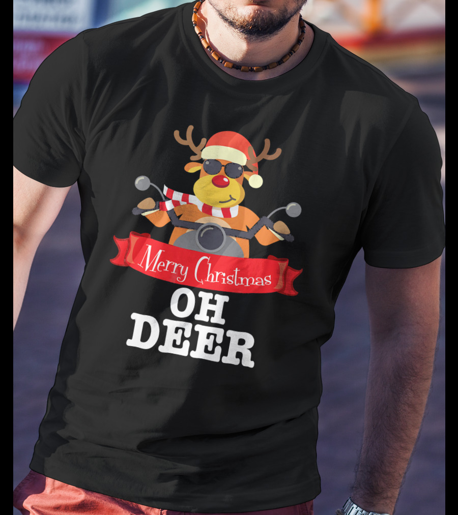 Merry Christmas Oh Deer Reindeer Motorcycle Santa Hat T-Shirt