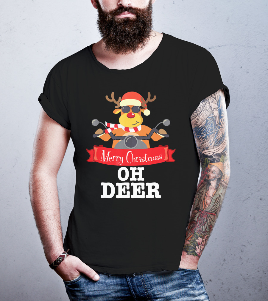 Merry Christmas Oh Deer Reindeer Motorcycle Santa Hat T-Shirt