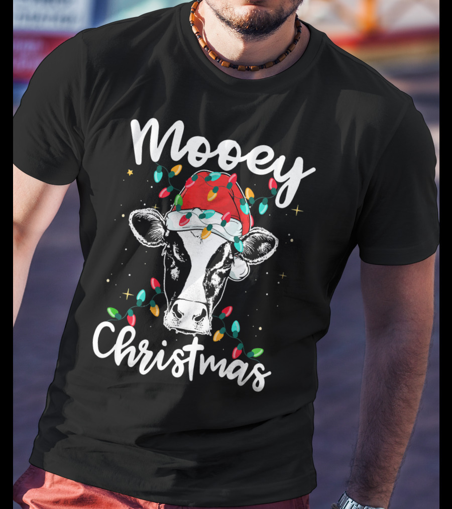 Mooey Christmas Cow With Santa Hat And Christmas Lights T-Shirt