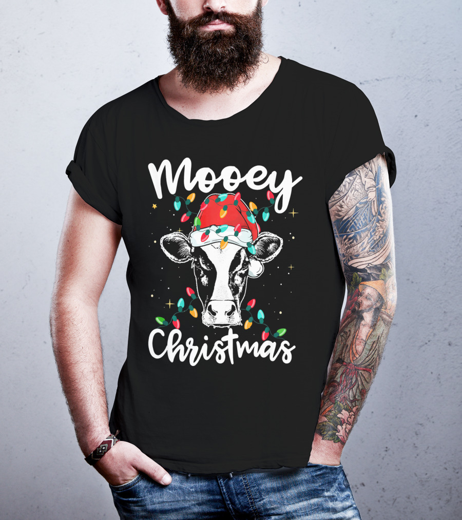 Mooey Christmas Cow With Santa Hat And Christmas Lights T-Shirt
