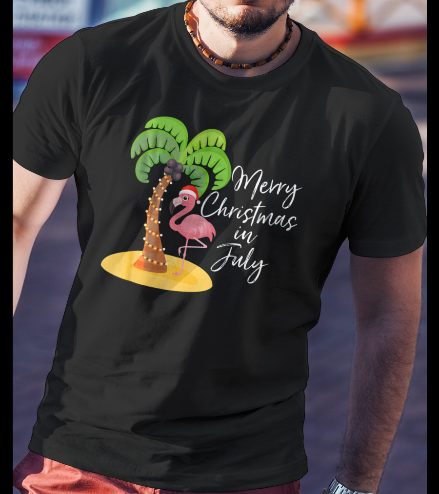 Merry Christmas In July Flamingo And Palm Tree T-Shirt