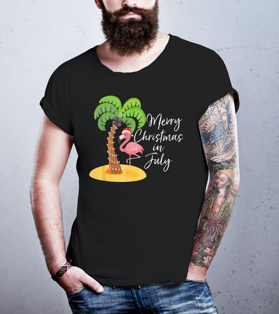 Merry Christmas In July Flamingo And Palm Tree T-Shirt