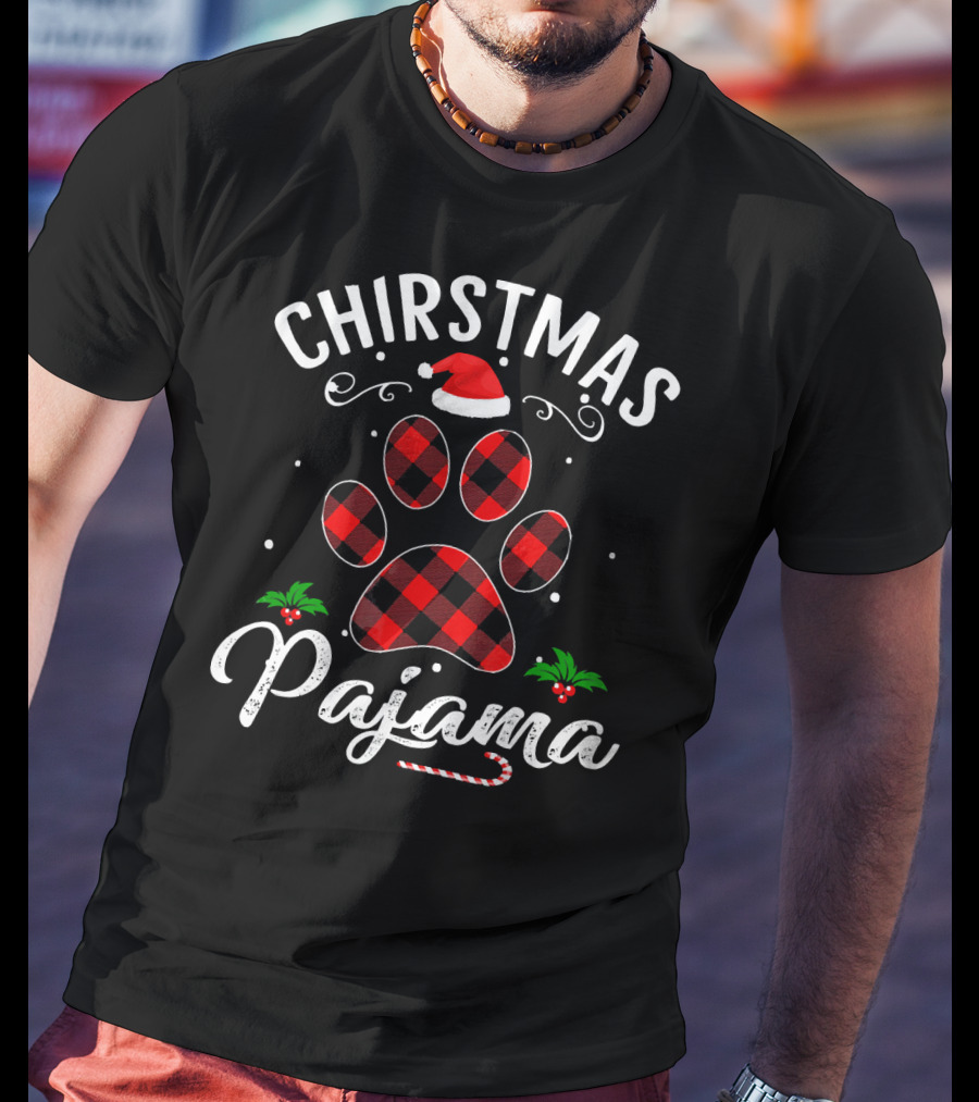 Buffalo Plaid Christmas Pajama Paw Holiday Hat T-Shirt