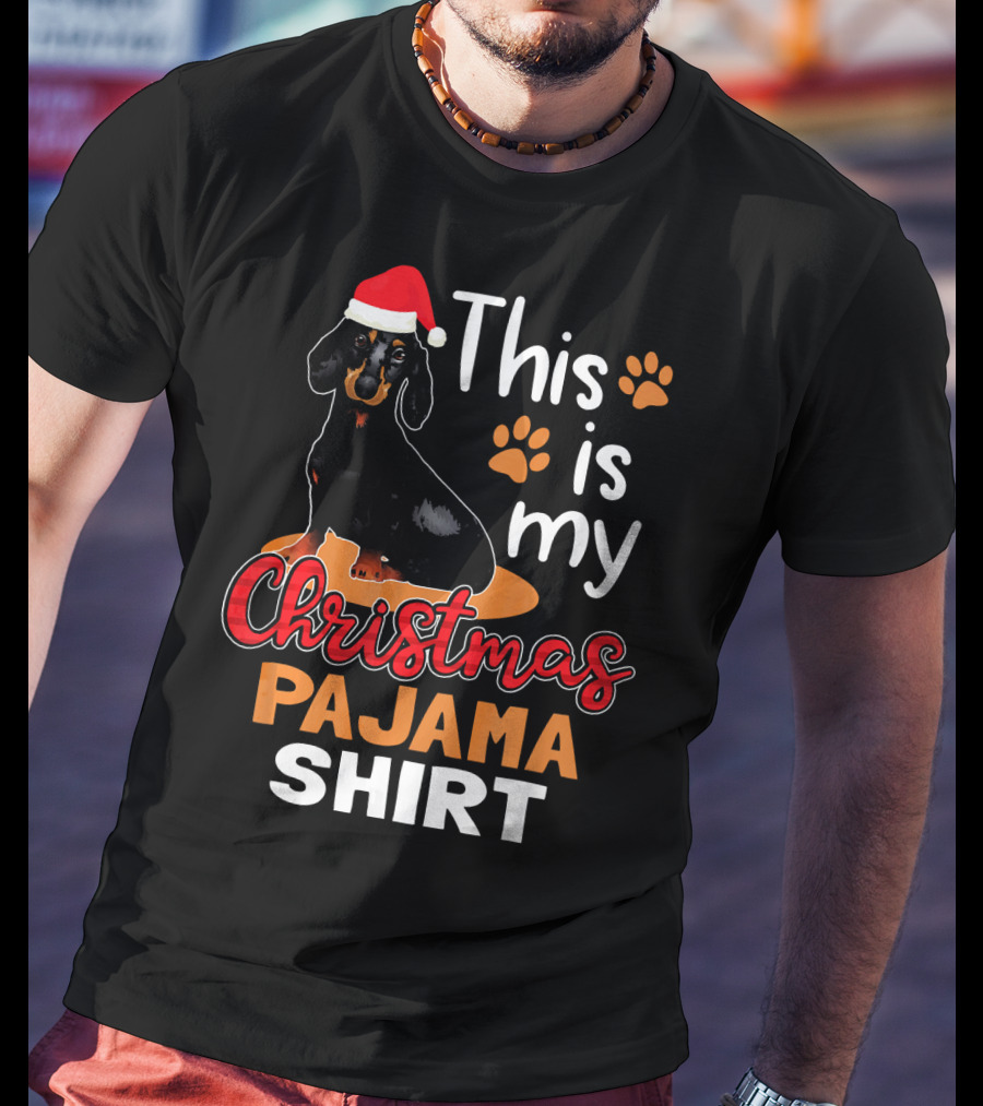 This Is My Christmas Pajama Shirt Dachshund Santa Hat Paw Prints T-Shirt