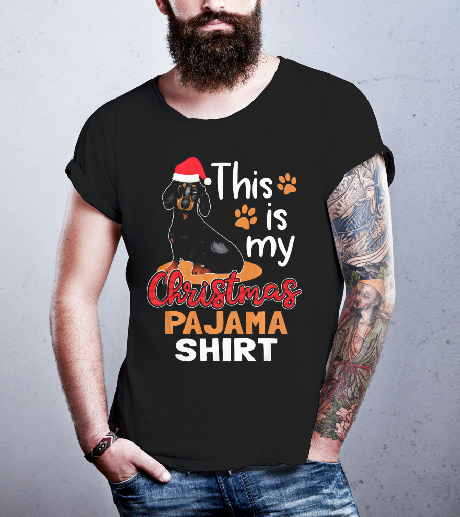 This Is My Christmas Pajama Shirt Dachshund Santa Hat Paw Prints T-Shirt