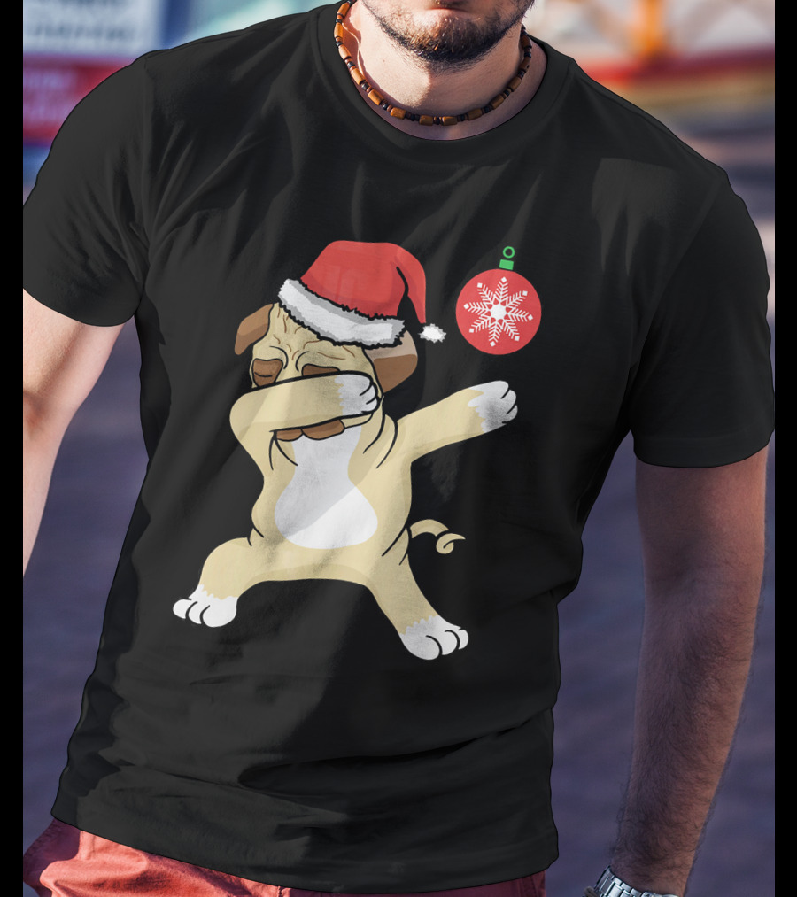 Christmas Pug Dabbing With Santa Hat And Red T-Shirt
