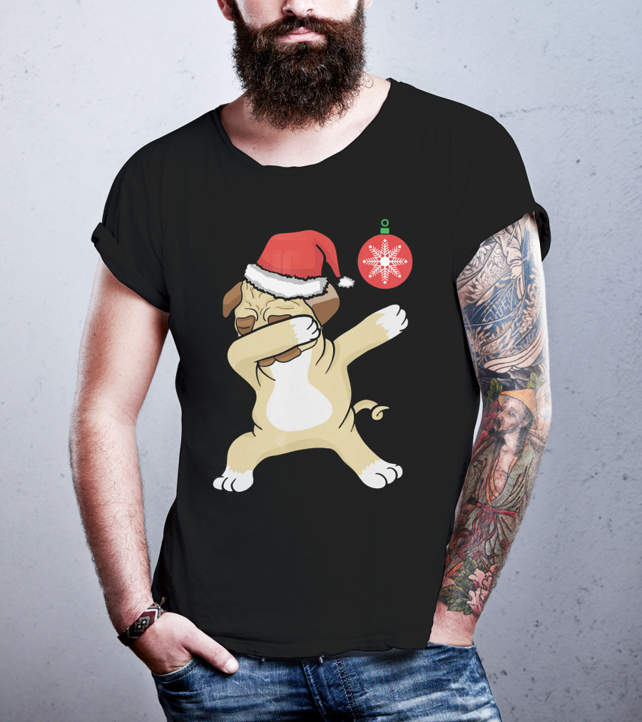 Christmas Pug Dabbing With Santa Hat And Red T-Shirt