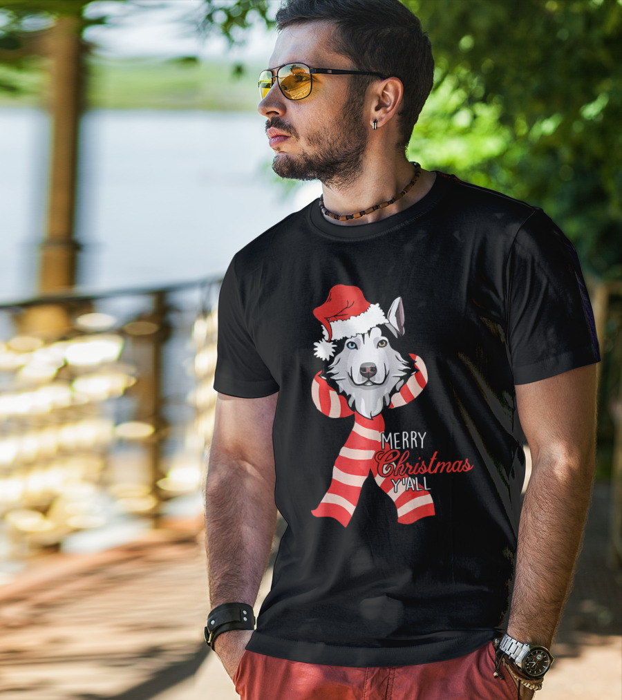 Merry Christmas Y'all Husky Dog In Santa Hat And Scarf T-Shirt