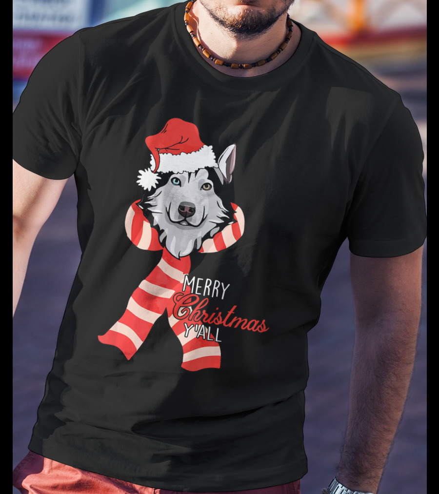 Merry Christmas Y'all Husky Dog In Santa Hat And Scarf T-Shirt