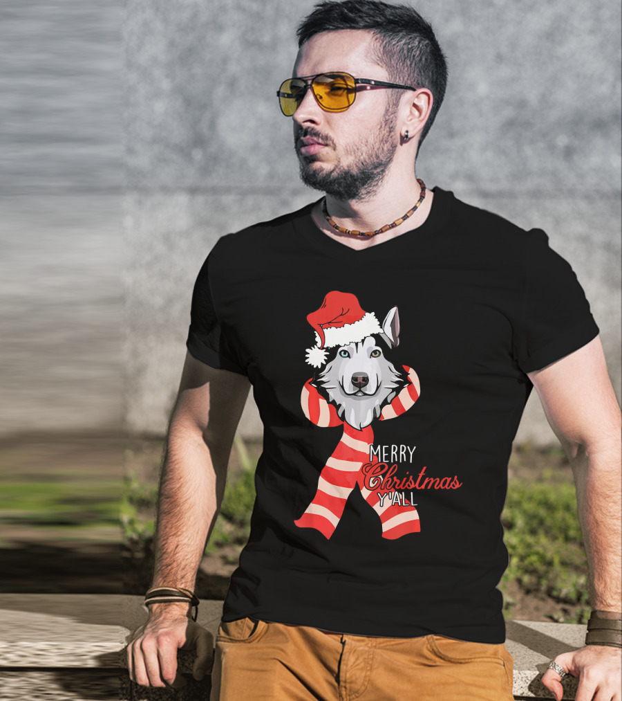 Merry Christmas Y'all Husky Dog In Santa Hat And Scarf T-Shirt