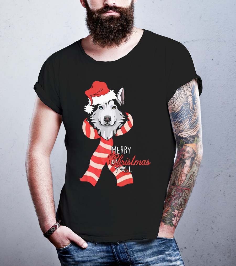 Merry Christmas Y'all Husky Dog In Santa Hat And Scarf T-Shirt