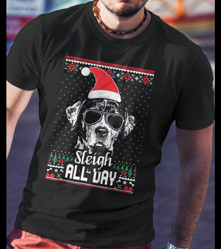 Sleigh All Day Funny Catahoula Cur Christmas Dog With Santa Hat And Sunglasses T-Shirt