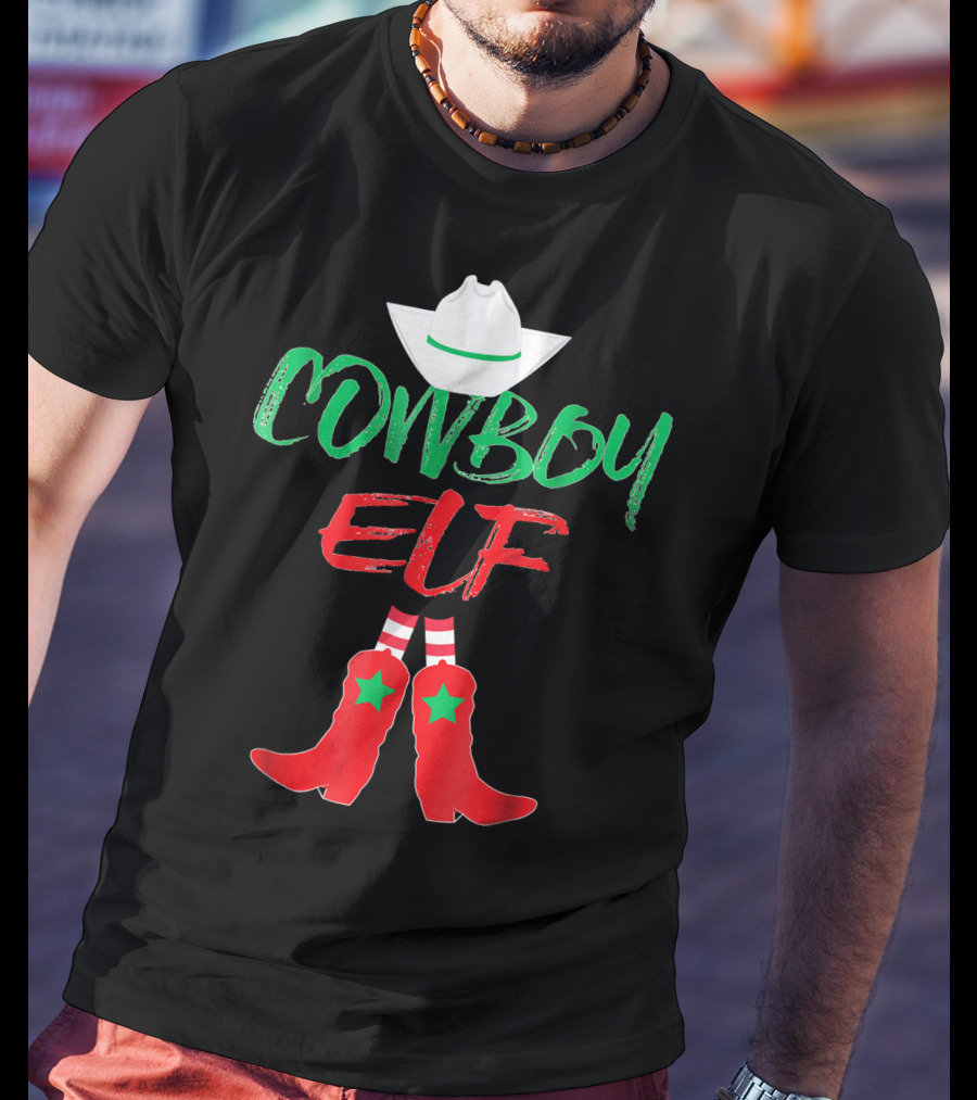Cowboy Elf Christmas Hat Boots Men's Funny Holiday T-Shirt