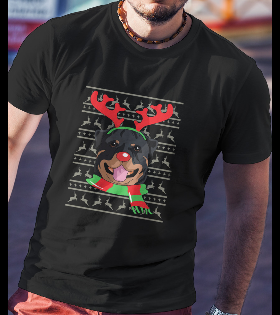Rottweiler With Reindeer Antlers And Festive Scarf Christmas T-Shirt