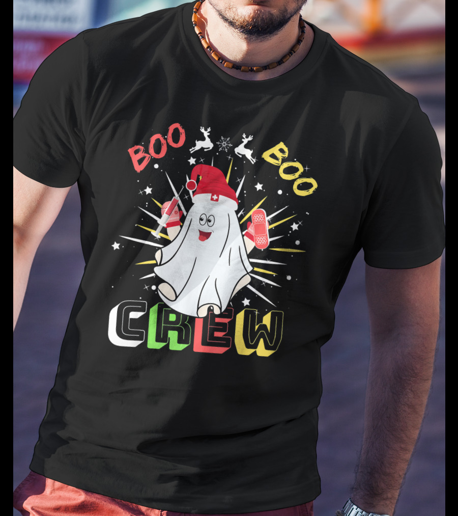 Boo Boo Crew Christmas Nurse Ghost With Bandages And Reindeer T-Shirt