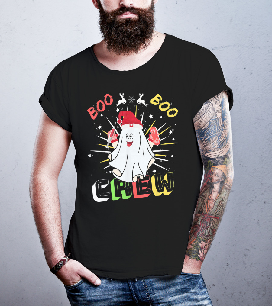Boo Boo Crew Christmas Nurse Ghost With Bandages And Reindeer T-Shirt