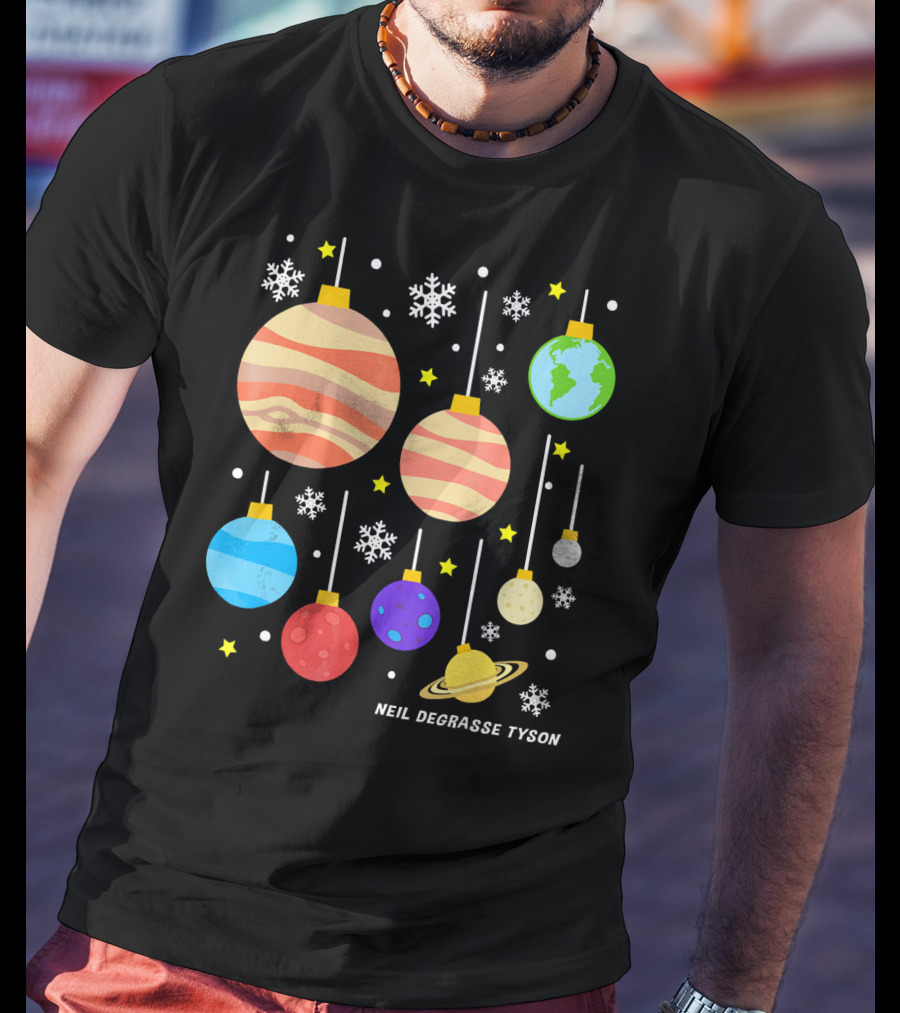 Neil DeGrasse Tyson Planets Hanging Ornaments Snowflakes Stars T-Shirt
