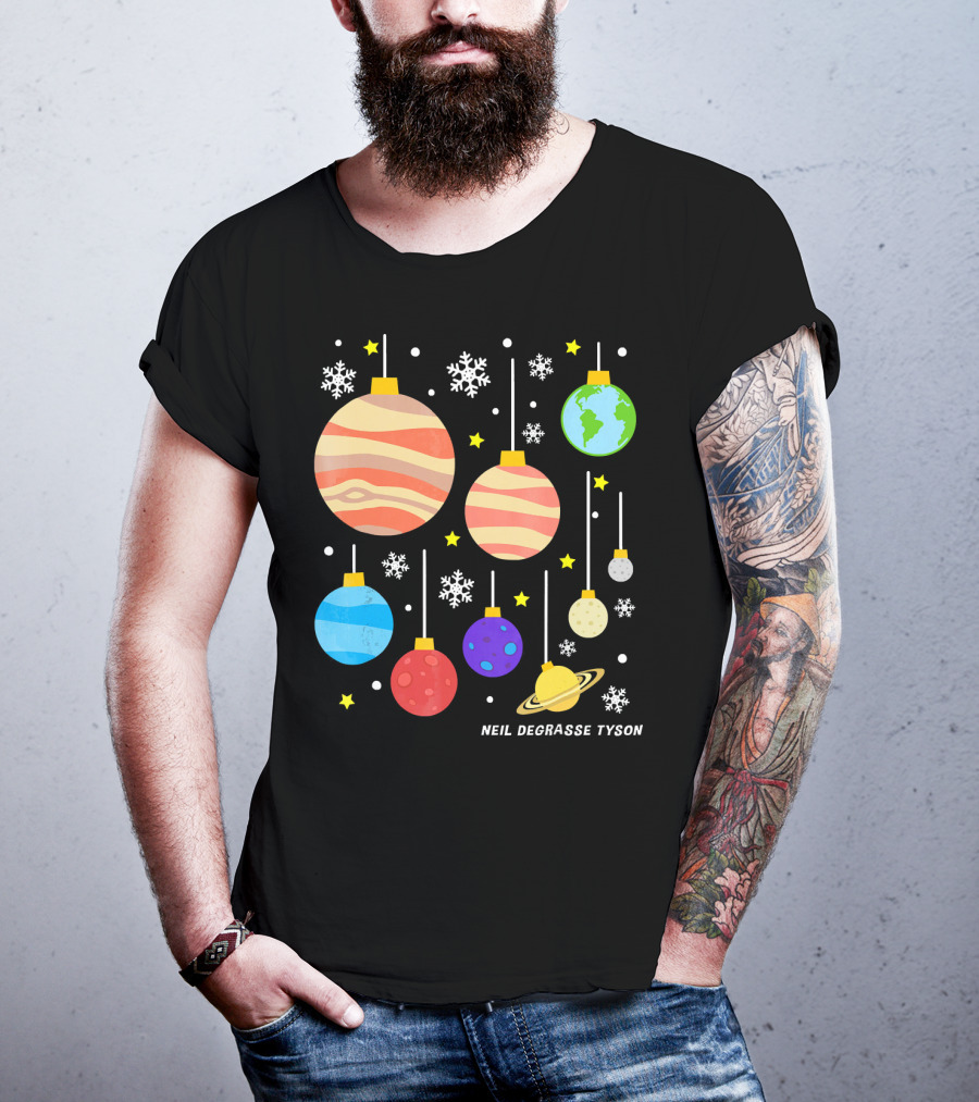 Neil DeGrasse Tyson Planets Hanging Ornaments Snowflakes Stars T-Shirt
