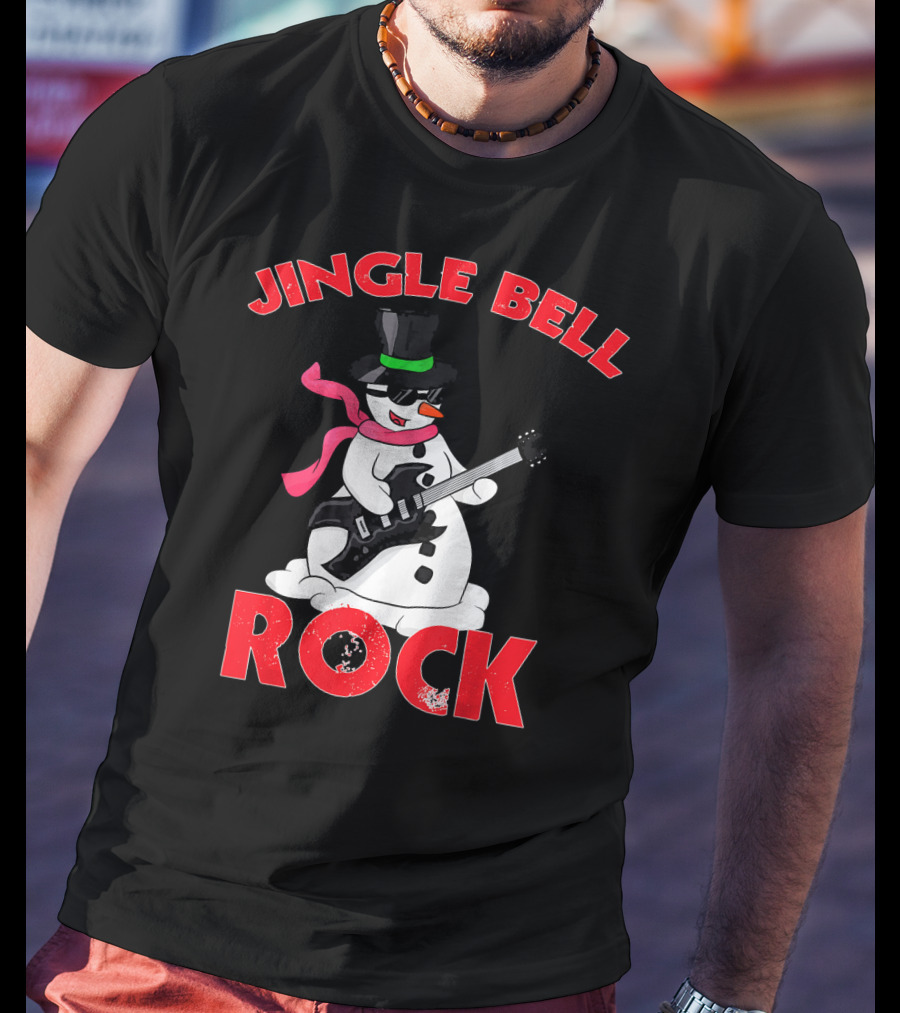 Jingle Bell Rock Snowman Playing Guitar With Top Hat And Scarf T-Shirt