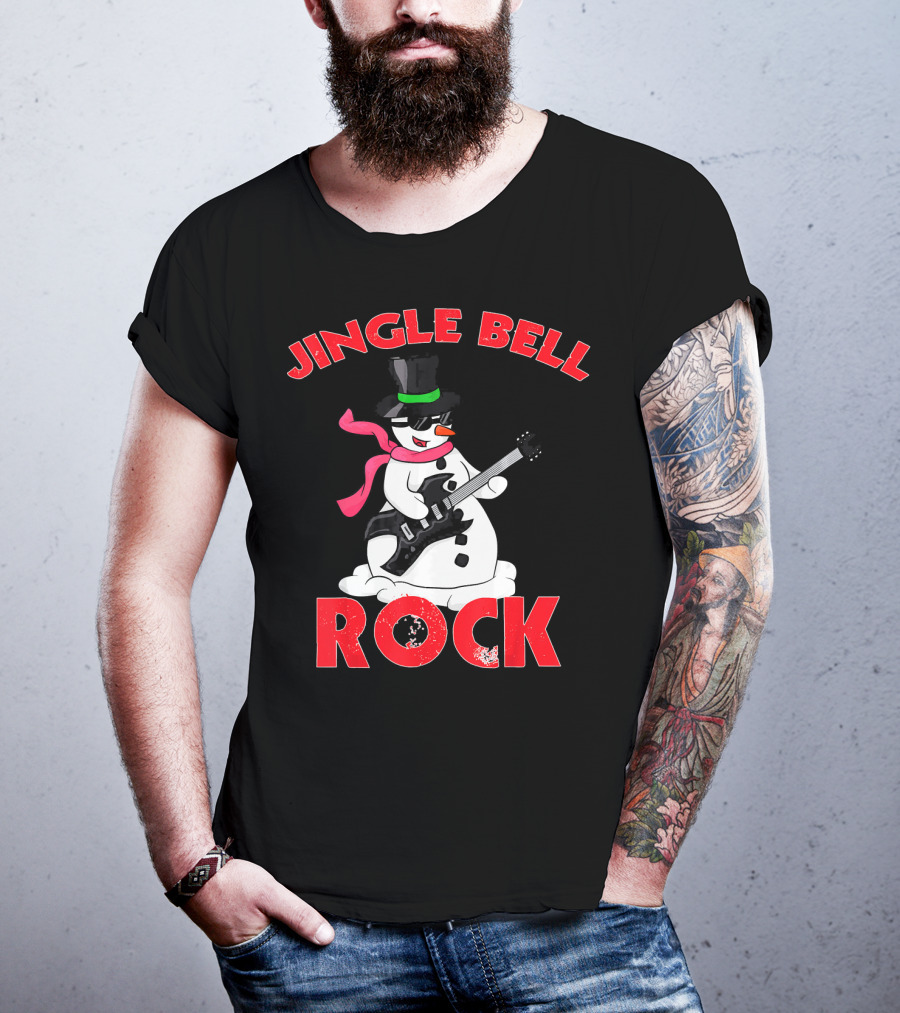 Jingle Bell Rock Snowman Playing Guitar With Top Hat And Scarf T-Shirt