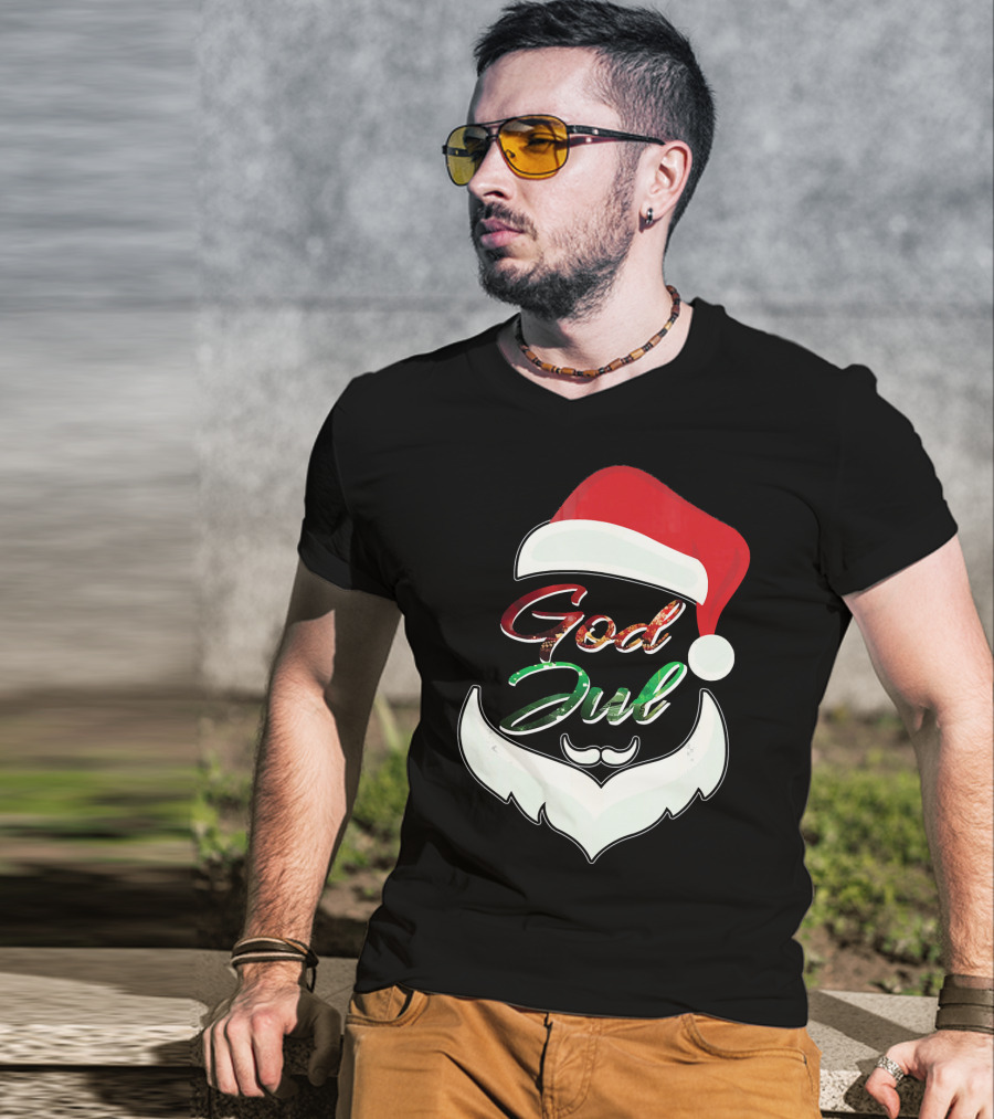 God Jul Norwegian Merry Christmas Santa Hat And Beard Design Norway T-Shirt