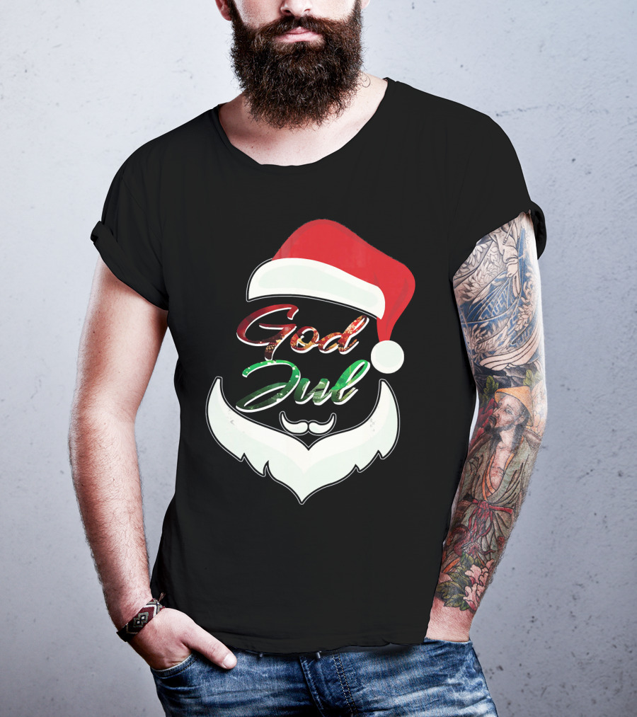 God Jul Norwegian Merry Christmas Santa Hat And Beard Design Norway T-Shirt