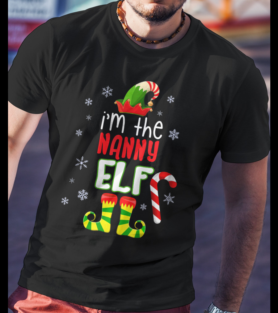 I'm The Nanny Elf Christmas Snowflakes Candy Cane Hat Boots T-Shirt