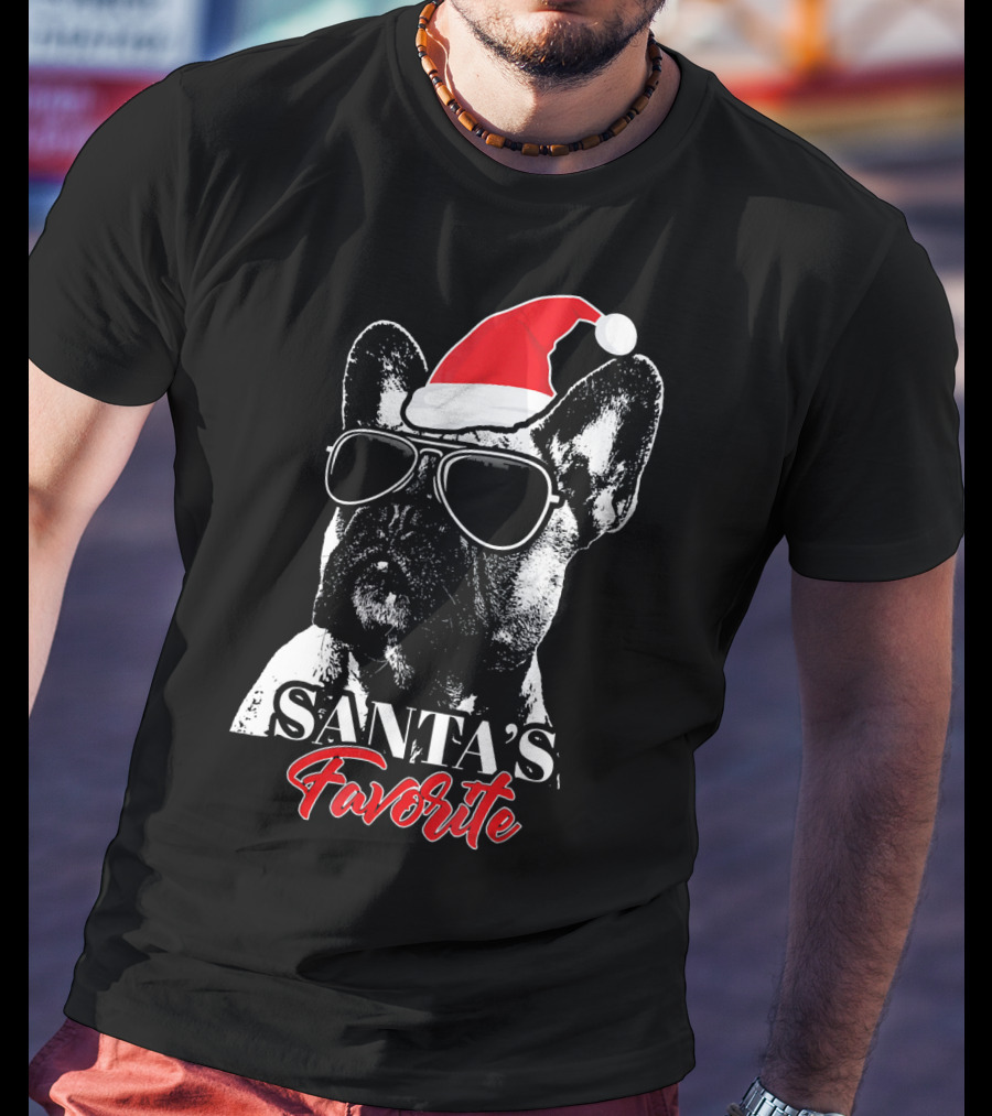 Santa's Favorite French Bulldog Wearing Sunglasses And Hat T-Shirt