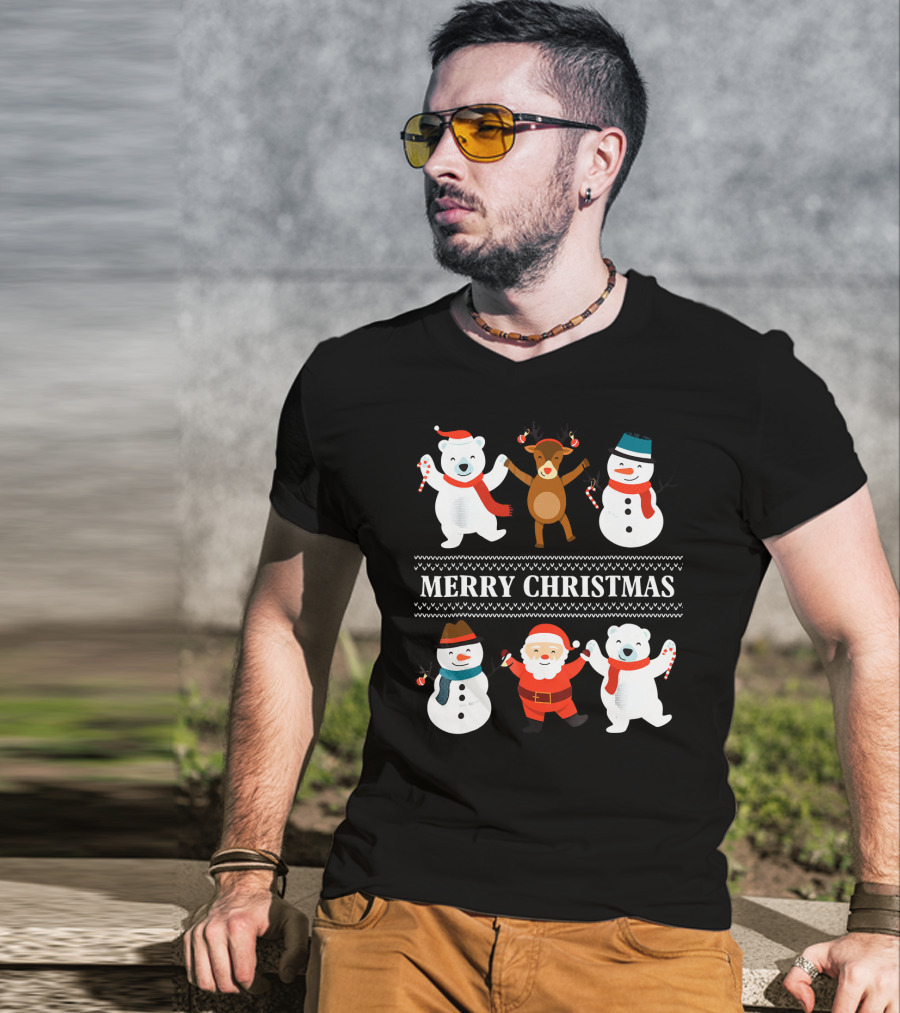 Merry Christmas Bears Snowmen Reindeer Santa Claus T-Shirt