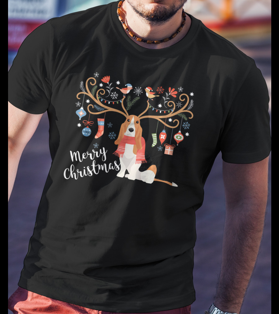 Merry Christmas Basset Hound Reindeer Antlers Ornaments T-Shirt