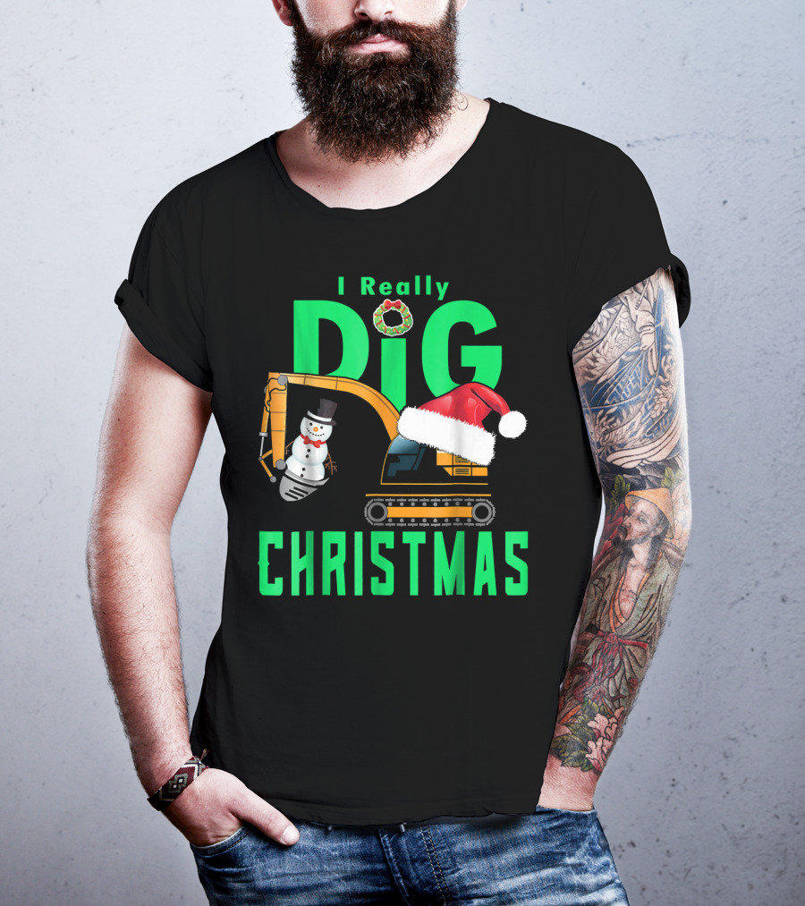 I Really Dig Christmas Snowman Santa Hat Excavator T-Shirt