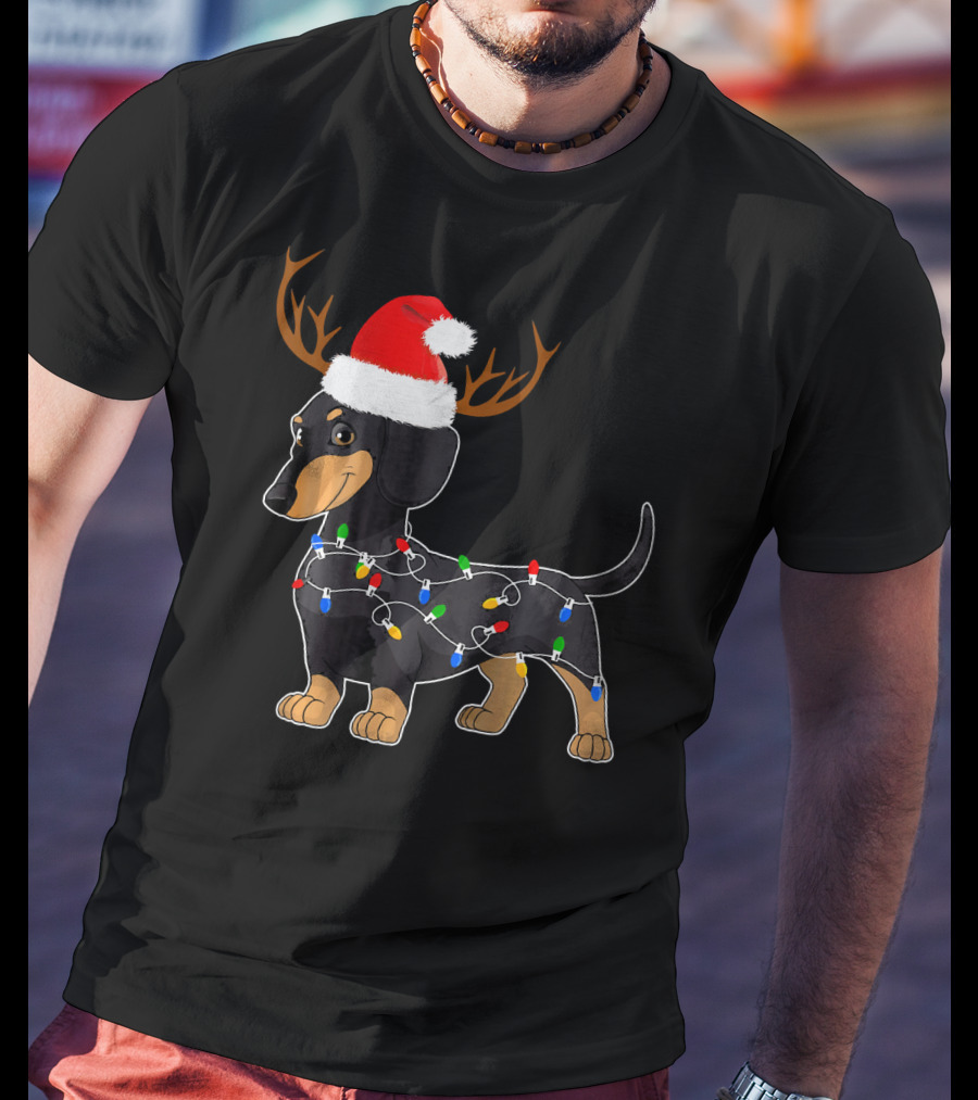 Dachshund Christmas Reindeer With Santa Hat And Holiday Lights T-Shirt