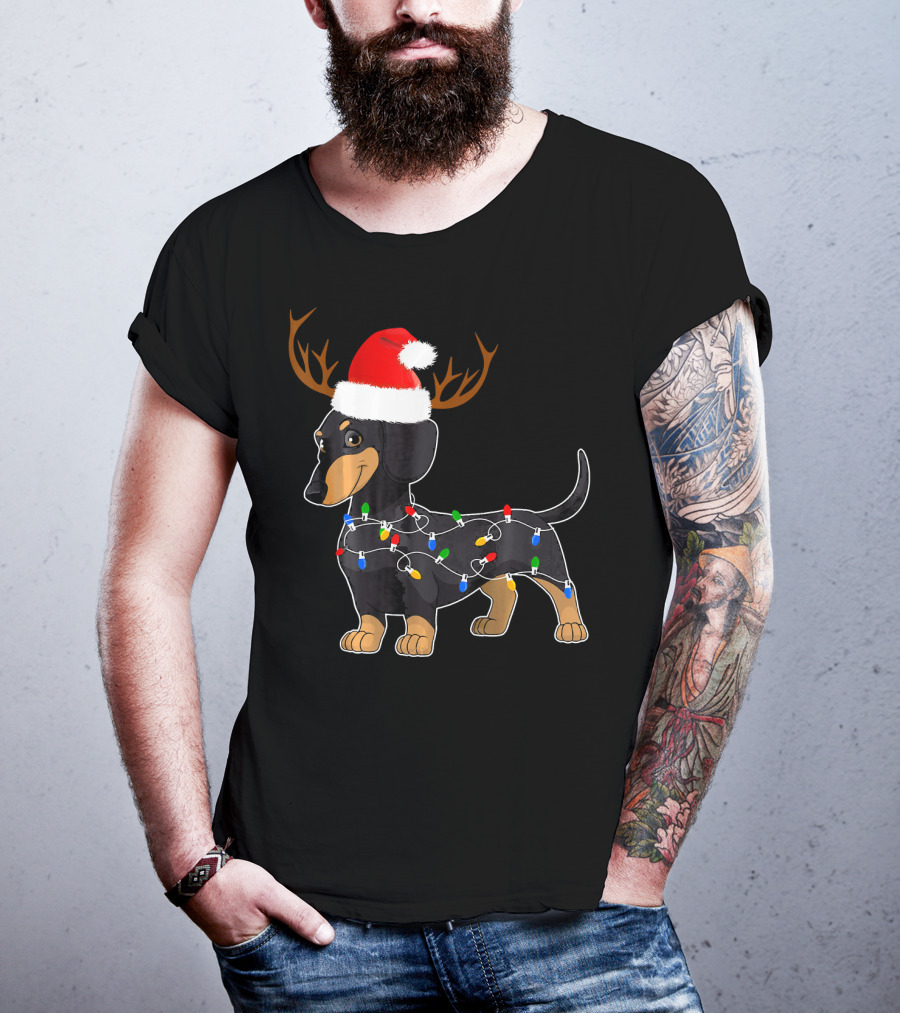 Dachshund Christmas Reindeer With Santa Hat And Holiday Lights T-Shirt