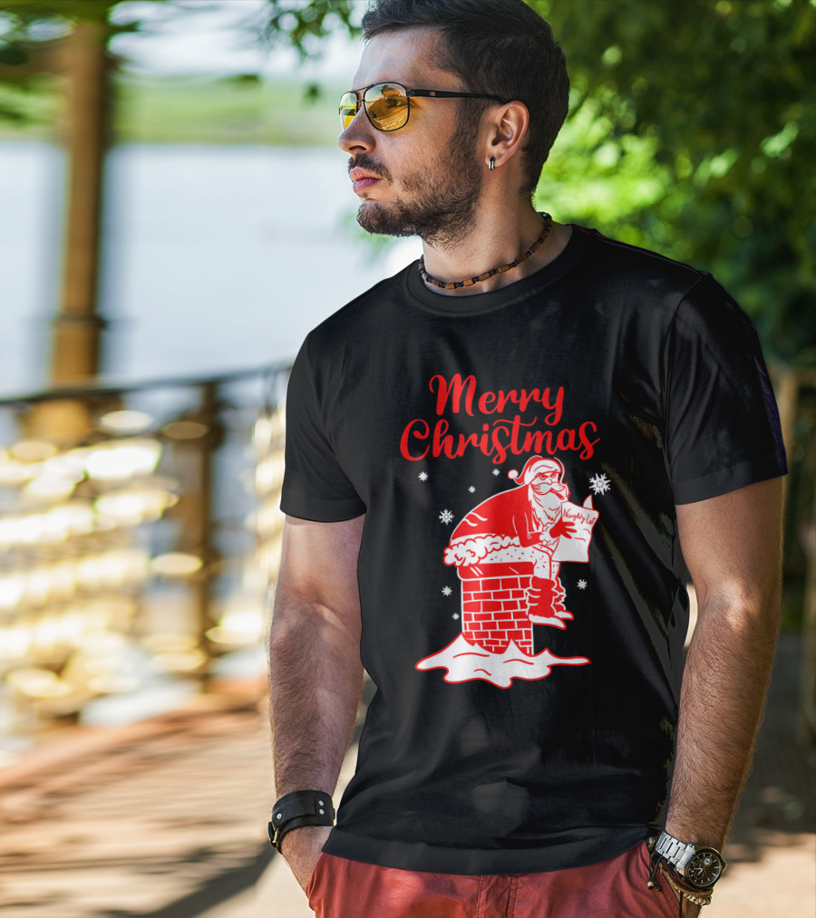 Merry Christmas Santa Pooping Naughty List Snowflakes Chimney T-Shirt