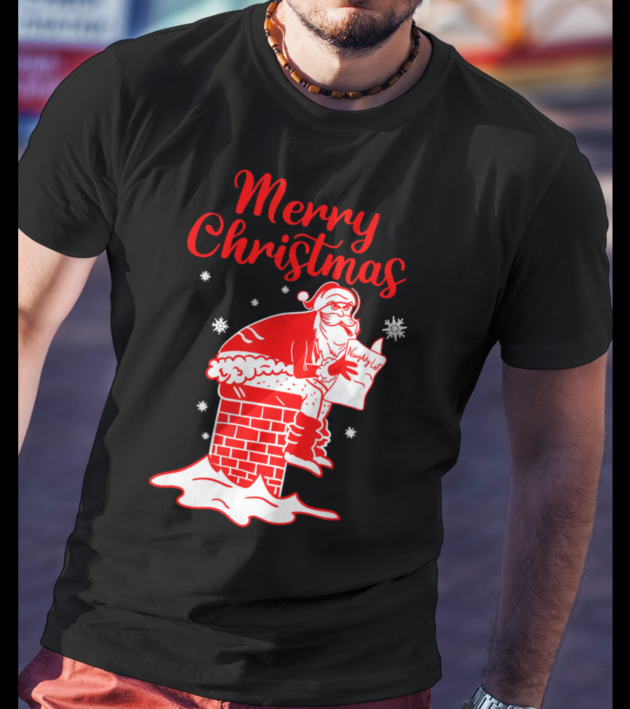Merry Christmas Santa Pooping Naughty List Snowflakes Chimney T-Shirt