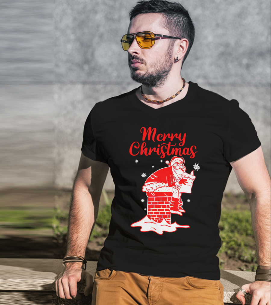 Merry Christmas Santa Pooping Naughty List Snowflakes Chimney T-Shirt
