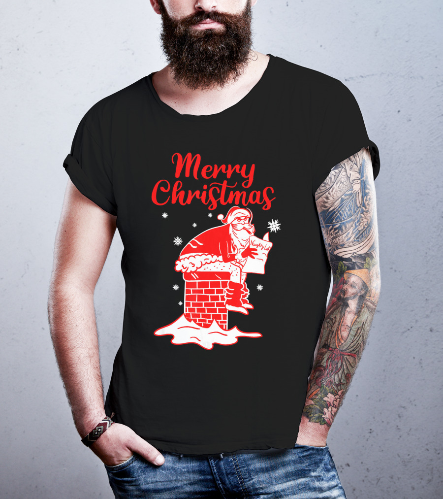 Merry Christmas Santa Pooping Naughty List Snowflakes Chimney T-Shirt