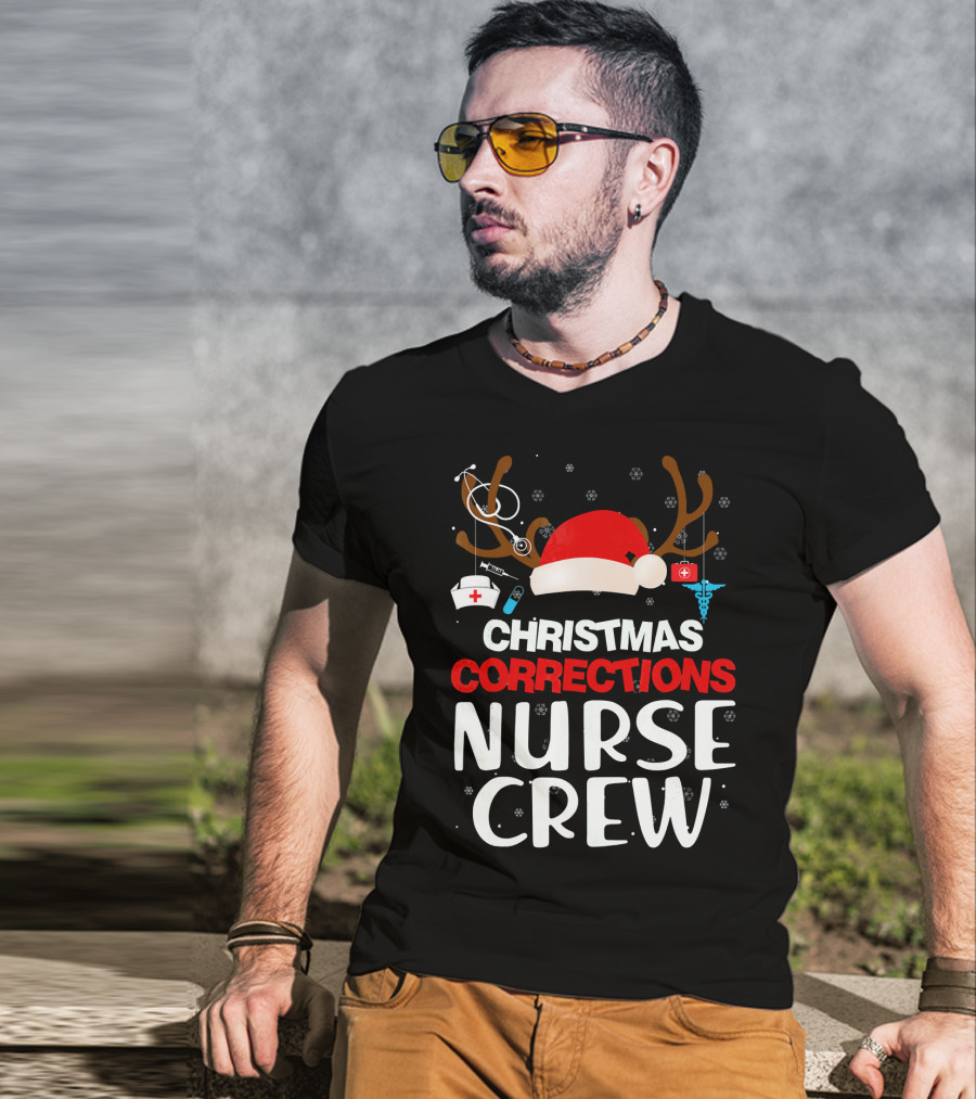 Christmas Corrections Nurse Crew Reindeer Antlers Santa Hat Stethoscope Syringe Caduceus T-Shirt