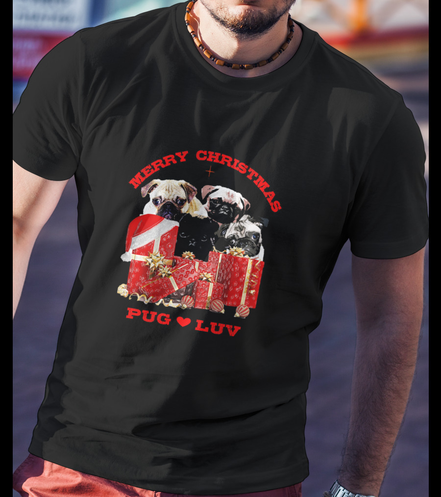Merry Christmas Pug Luv With Pug Dogs And Gifts T-Shirt