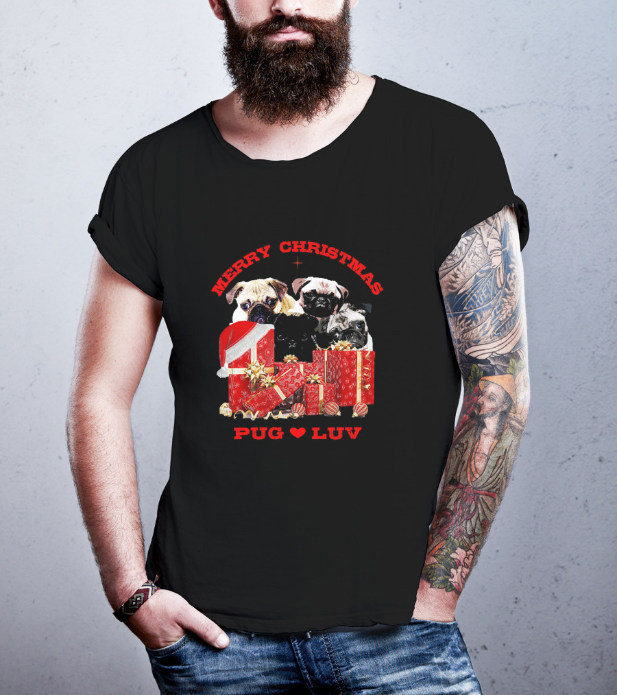 Merry Christmas Pug Luv With Pug Dogs And Gifts T-Shirt