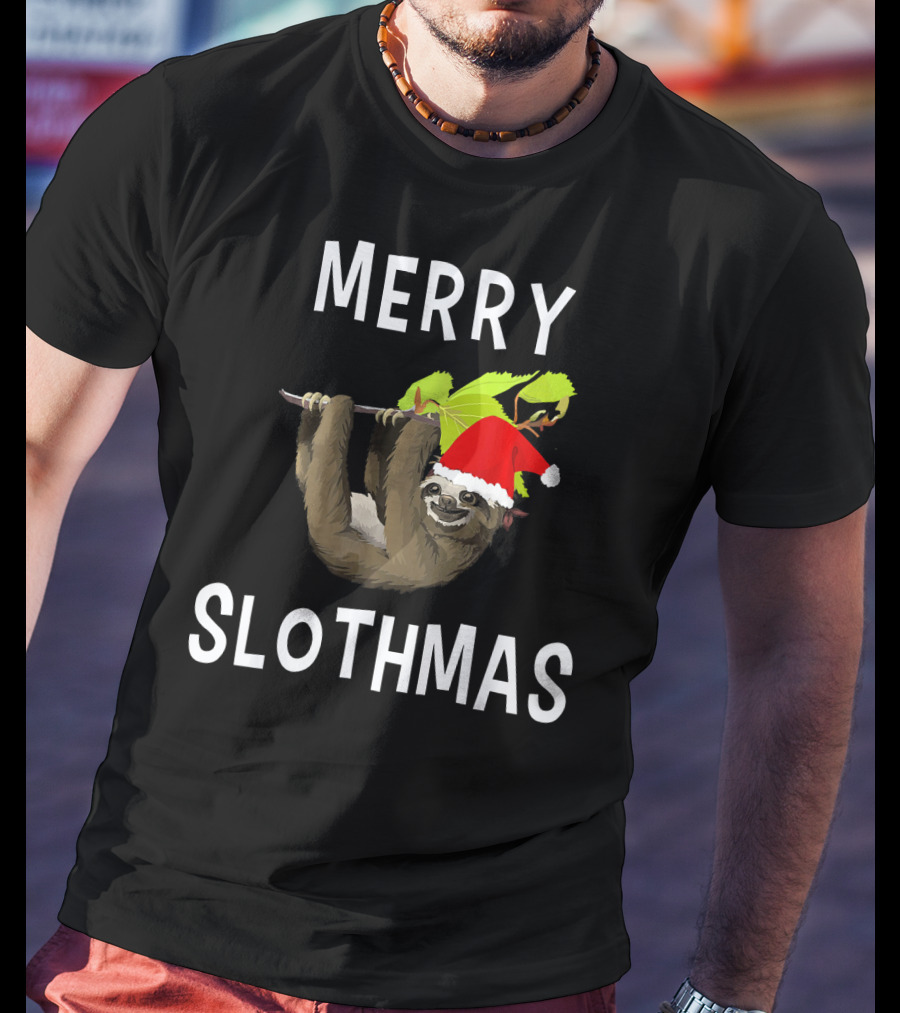 Merry Slothmas Hanging Sloth In Santa Hat With Leaves T-Shirt