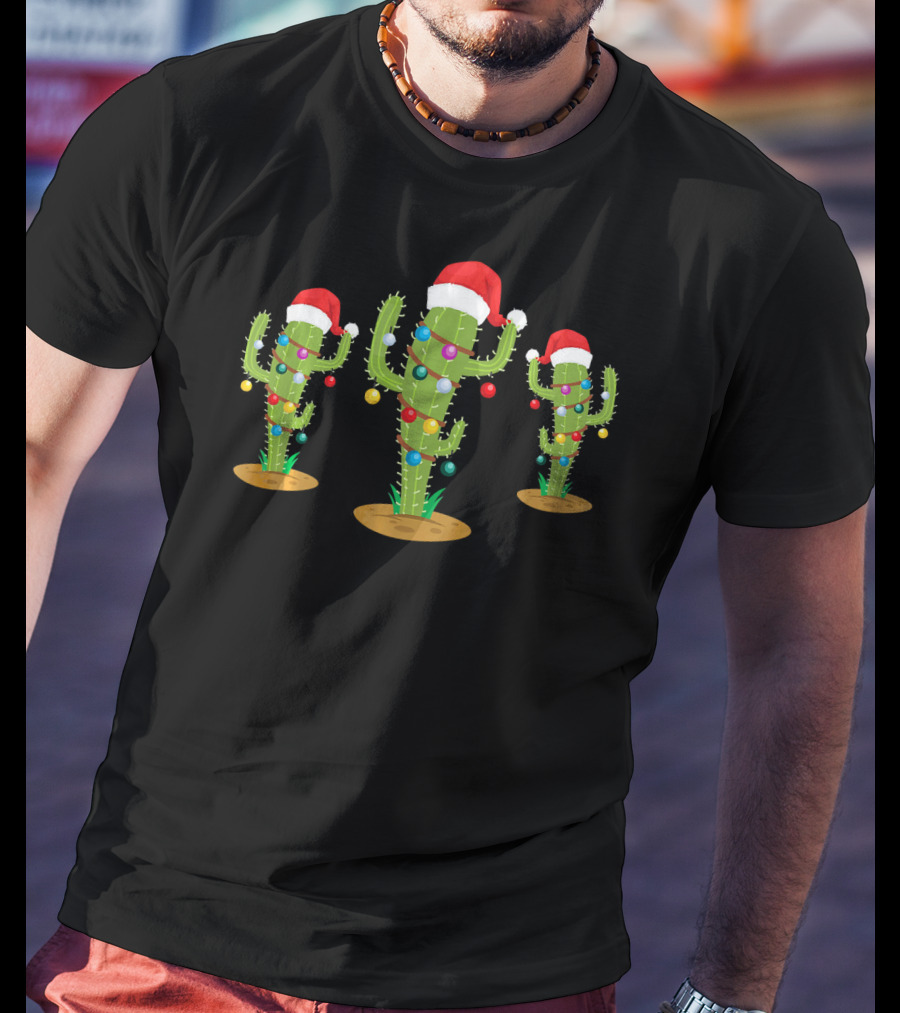 Festive Christmas Cacti With Santa Hats And Lights T-Shirt