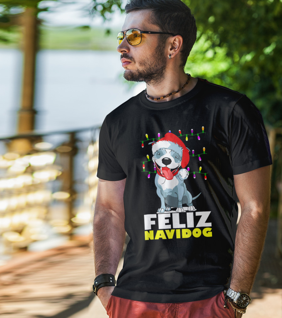 Feliz Navidog Pitbull In Santa Hat With Christmas Lights T-Shirt