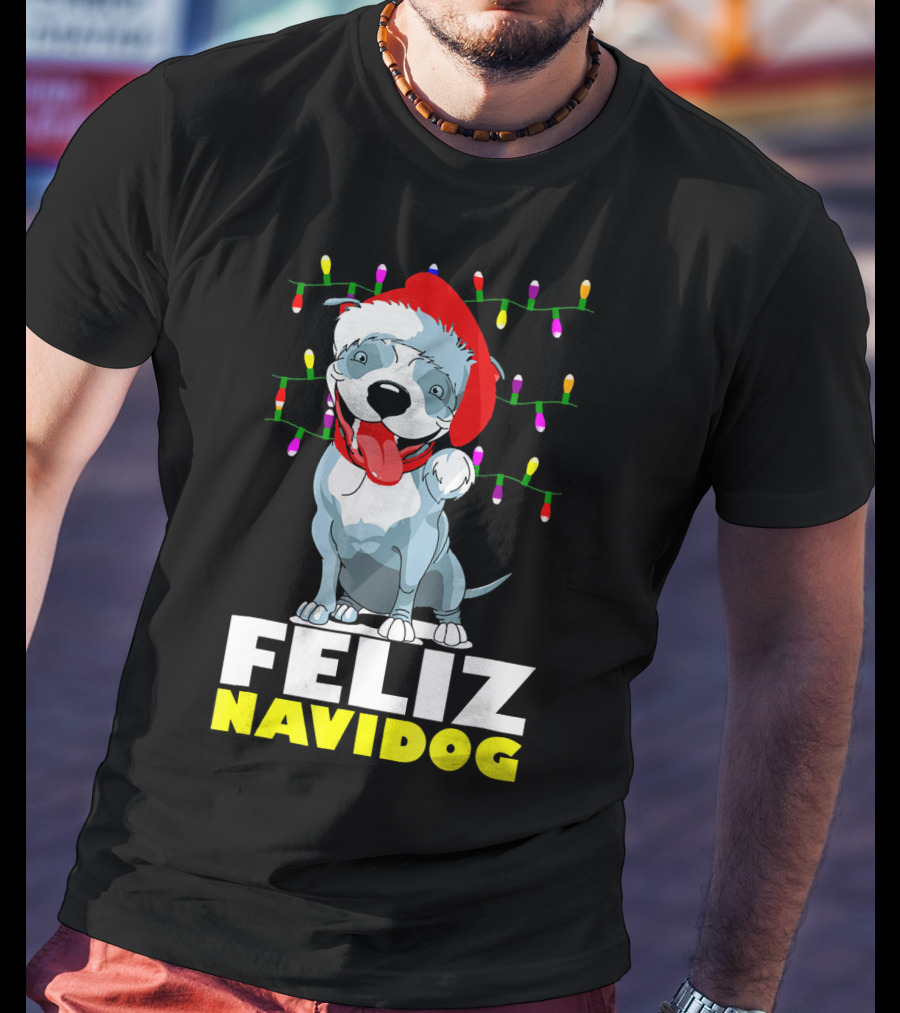 Feliz Navidog Pitbull In Santa Hat With Christmas Lights T-Shirt