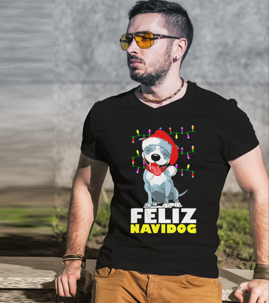 Feliz Navidog Pitbull In Santa Hat With Christmas Lights T-Shirt